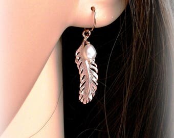 Pearl & Rose Gold Feather Earrings - Bridal Earrings - Gift For Her