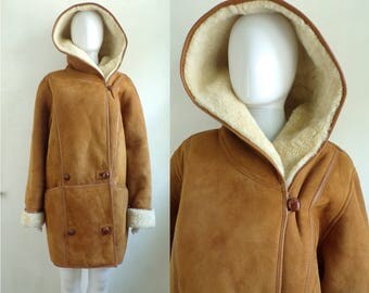 35%offJuly21-24 90s suede & shearling coat wool shearling winter coat brown suede leather hooded coat double breasted womens medium/large