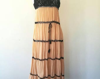 Vintage 1970s indian crochet x gauze cotton summer dress black and apricot orange