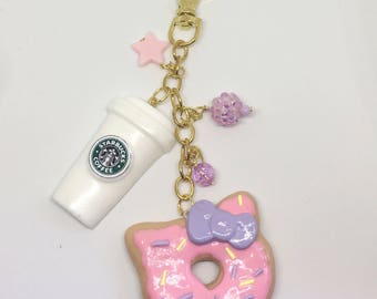 Hello Kitty Donut Purse Charm, Hello Kitty Donut Planner Charm, Cute Planner Charm, car mirror charm, kawaii donut, Starbucks Coffee charm
