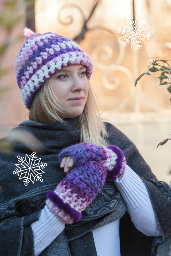 Hat & Mittens Set Winter Set Wool Set Warmer Set Purple