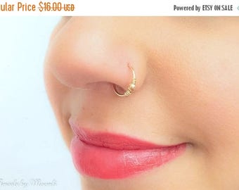 SALE - Thin beaded nose ring - Gold nose ring - Tiny hoop nose ring - Tiny ball nose ring - Piercing hoop - beaded catrilage hoop