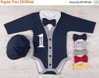 LATE SHIP SALE 1st Birthday Boy Outfit, Personalized Navy Cardigan, Bodysuit, Hat & Bow Tie Set, First Birthday Photo Props, One Year Old B