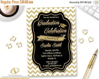 50% OFF SALE GRADUATION Party Invitation, Graduation Invitation, Printable Graduation Invite, Black White & Gold Glitter Grad Class Of Invit