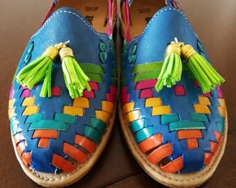 Mexican rainbow Sandals, Mexican Huaraches sandals, Mexican shoes US 7 & US 8, Pompom sandals, mexican leather huarache, mex tassel sandals