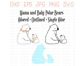 Digital POLAR BEAR, Clip Art, Mama and Baby, Momma Polar Bear, Baby Bear, Gifts for Mom, Instant Download, dxf eps jpg png svg format