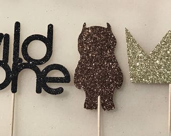 12 Glitter Where The Wild Things Are Cupcake Toppers, Wild One Toppers, First Birthday Cupcake Toppers