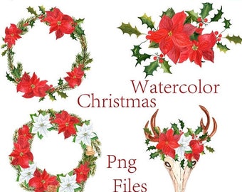 40%SALE Watercolor Christmas clipart: "CHRISTMAS CLIP Art" Christmas bouquets,Christmas wreaths,Christmas scrapbook,Holiday clipart,Poinsett