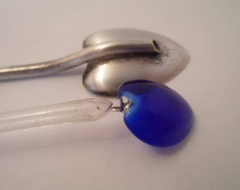 Vintage Mid Century 1 Sterling Silver Iced Tea Mint Julip Spoon/Straw & 1 Glass Clear Cobalt Blue Iced Tea Spoon/Straw