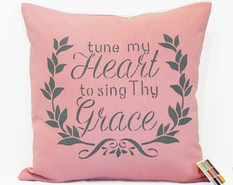 Pink Stenciled Pillow Cover, Shabby Chic Pink Stenciled Linen Pillow Cover, Ready to Ship Pink Linen Pillow Cover Stenciled in Gray