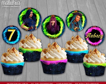 Descendants 2 Cupcake Toppers - Disney Descendants 2 Custom Cupcake Toppers Birthday Party - Descendants 2 Party Decoration - Mal Evie Uma