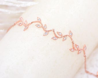 Vine Bridal Bracelet, Rose Gold Bracelet , Bétina, CZ Wavy Vine Bracelet,Rose Gold Leafy Vine Cubic Wedding Bracelet, Rose Gold Bracelet