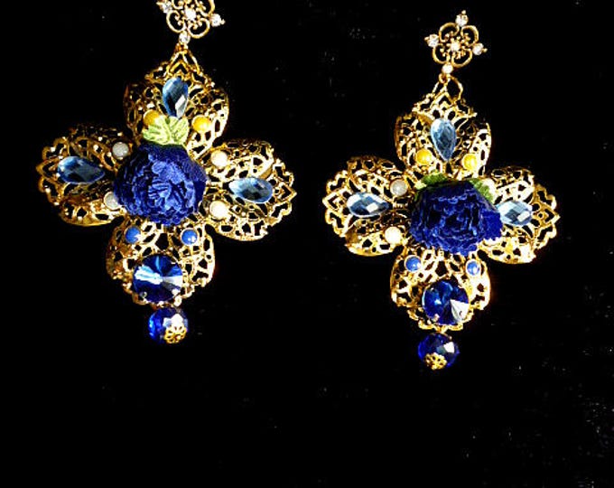 Gold Dark Blue Swarovski Flower Earrings Drop Dangle Chandelier Long Boho-Chic Pendants Wholesale Exotic Birthday earrings party celebration