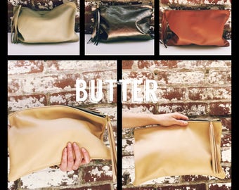 NK- Butter Leather Clutch. Large Leather Makeup Pouch. Soft cow Leather Bag with long tassel- Large Cluth