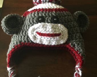 Sock Monkey Hat. With or without braids. Size Newborn to Toddler.