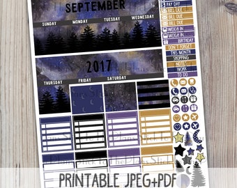 September monthly printable planner stickers for your Erin Condren LifePlannerTM watercolor starry night galaxy night sky monthly stickers