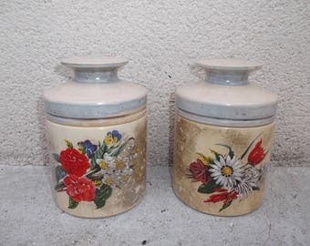 jars in opaline old - old french shabby chic pots in opaline, décor Pearly with flowers - old kitchen jars