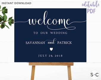 Navy Wedding Welcome Sign Printable, Large Navy Calligraphy Wedding Welcome Sign, Wedding Welcome Sign, Wedding Welcome Sign Template