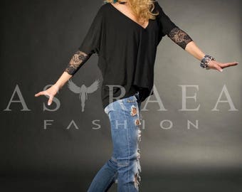 Lace Black Top, Casual Top, Woman Black Blouse, Casual Tunic, Open Black Shirt by Astraea-3006
