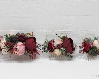Burgundy pink beige eucalyptus floral comb Flower accessories Bridal Bridesmaid headpiece Burgundy wedding Floral accessory Hair comb