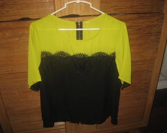 Black Lace/Black & Cartreuse Sheer Top Size 8/10