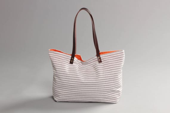 blue and white striped tote bag