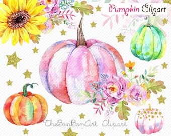 Pumpkin watercolor clipart, Pumpkin clipart, Autumn clipart, Halloween clipart, orange Leaves, fall clipart, kids party clipart. digital