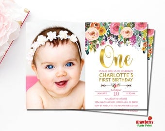 Floral 1st Birthday Invitation. Girl First Birthday Invitation. Floral Birthday Invitation. Customize Printable Invitation. A15 A54 A55