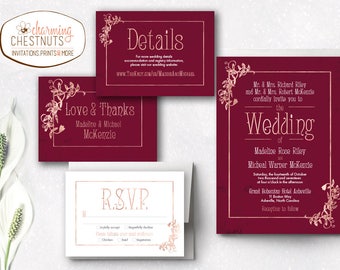 Rose Gold wedding Invitation Set, Maroon Wedding, Art Nouveau Wedding Invitation, Elegant wedding, Burgundy wedding, Printable rose gold