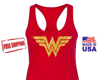 Wonder Woman, Wonder Woman Shirt, Wonder Woman Tank Top, Wonder Woman Movie Marathon with Gold Glitter Emblem. Costume, Womens FREE SHIPPING