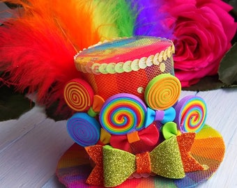 Mini Top Hat Headband Rainbow Mini Top Hat Mad Hatter Hat Tea Party Hat Alice in Wonderland Top Hat Fascinator Rainbow Mini Hat Baby Shower
