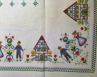 Vintage Cotton Tablecloth Pennsylvania Dutch Folk Art