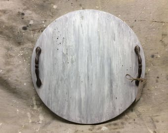 Round Wooden Tray, white wash farmhouse finish, 17 1/2 inch diameter, iron ware handles, rustic, weathered, coffee table tray, hostess gift
