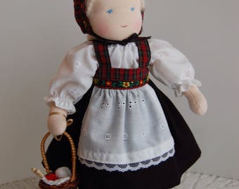 10-1/2 Inch Waldorf Doll in Norwegian, Swedish Inspired Outfit with Knitting Basket, Ethnic Waldorf Doll, Scandinavian Waldorf Doll