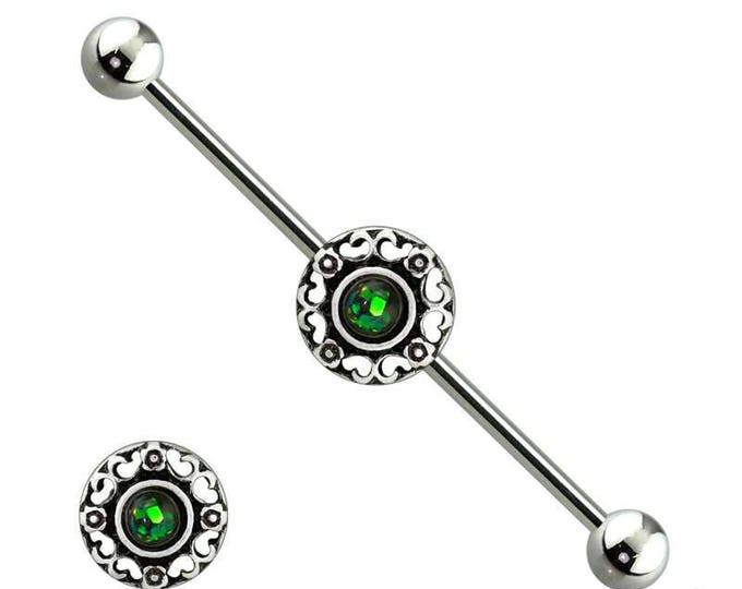 Round Heart Link Glitter Opal 316L Surgical Steel Industrial Barbell