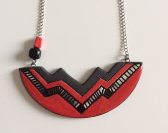 Necklace, geometric red and black, asymmetrical, ceramic, chain