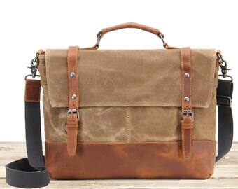 Waxed Canvas Messenger Bag / Leather Messenger Bag / Laptop Messenger Bag / Men Messenger Bag / Messenger Bag Men / Satchel / Briefcase men
