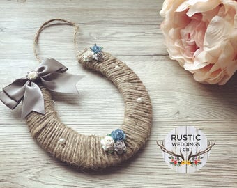 Twined horse shoe; Personalised Horse Shoe; Rustic Twine Wedding Good Luck Gift & Memento For Bride, Wood Horse Shoe Rustic Vintage Country
