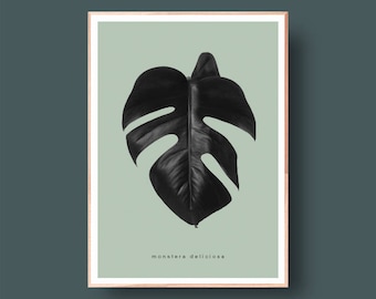 Monstera Leaf Print, Black and Green, Botanical Art, Monstera Plant, Monstera Leaf Art, Scandinavian and Danish Art Print