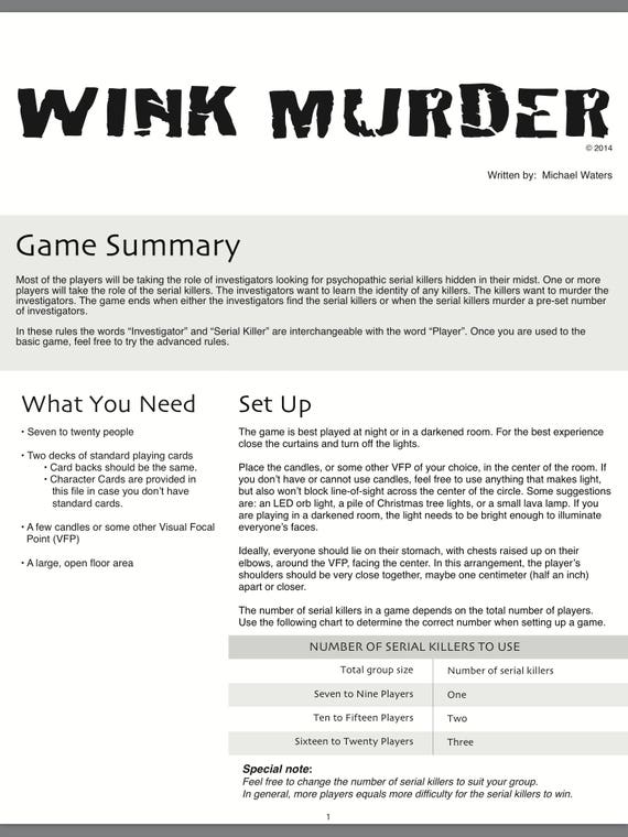 WINK MURDER Party Game Rules pdf Digital Download