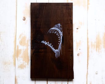 ORIGINAL WATERCOLOR ART,Shark Painting,Shark Wall Art,Shark Decor,Painting On Wood,Nautical Art,Nautical Decor,Great White Shark,Animal Art