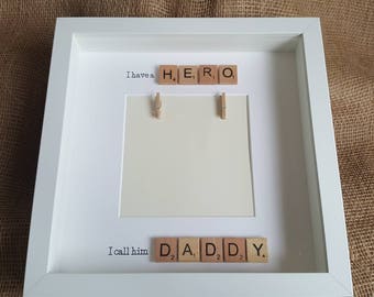 Father's Day photo frame, I have a hero I call him Daddy, scrabble box frame, gift for him, Father's Day gift, Christmas gift