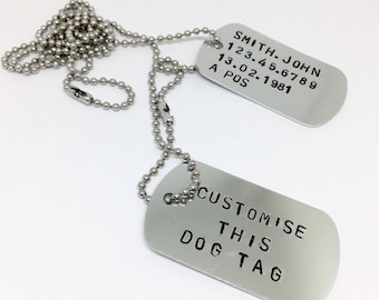 customised gifts, military dog tags, army dog tags, double dog tags, add your words, handstamped, mens dog tag, mans necklace, customized