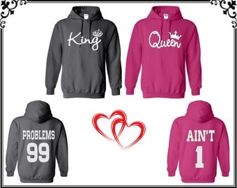 King Queen Front Back Couple Hoodie Sweatshirt Problems Ain't Couple Hoodie Sweatshirt King Queen Sweater Gift For Couple