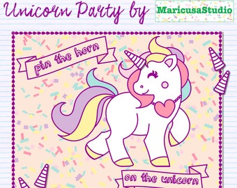 Unicorn pin the horn game, Printable, Unicorn party decor, Unicorn party theme, Unicorn diy party, Unicorn decorations, Birthday party