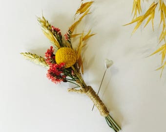 Buttonhole/Boutonniere of dark pink limonium, craspedia & wheat | wedding | groom