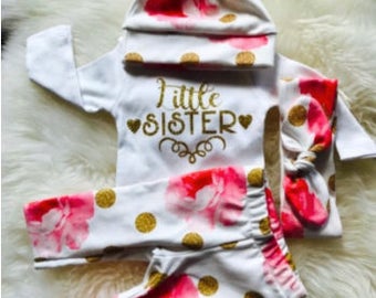 Newborn Girl coming home outfit,Little Sister,baby girl clothes, boho baby, baby clothes, baby girl,Pink floral and dot