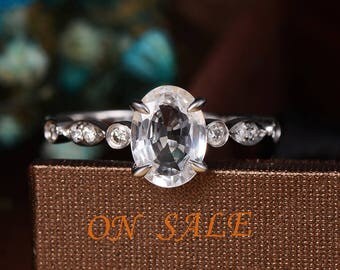 Oval Cut White Sapphire Engagement Ring White Gold Diamond Eternity Band Women Unique Art Deco Antique Bridal Set Anniversary Gift For Her