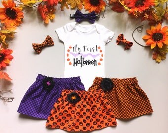 My First Halloween Outfit, Baby Halloween Clothing, Baby Girls' Clothing Sets, Halloween Skirt Bodysuit and Headband, Purple Orange Black