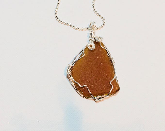 wire wrap - Brown Amber - Beach Glass - Necklace - Gift for Her - Beach Glass Jewelry